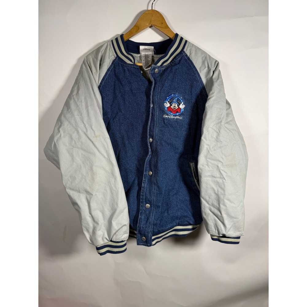 Disney World Sorcerer‎ Mickey Mouse Denim Bomber Jacket Mens L Blue FLAWS
